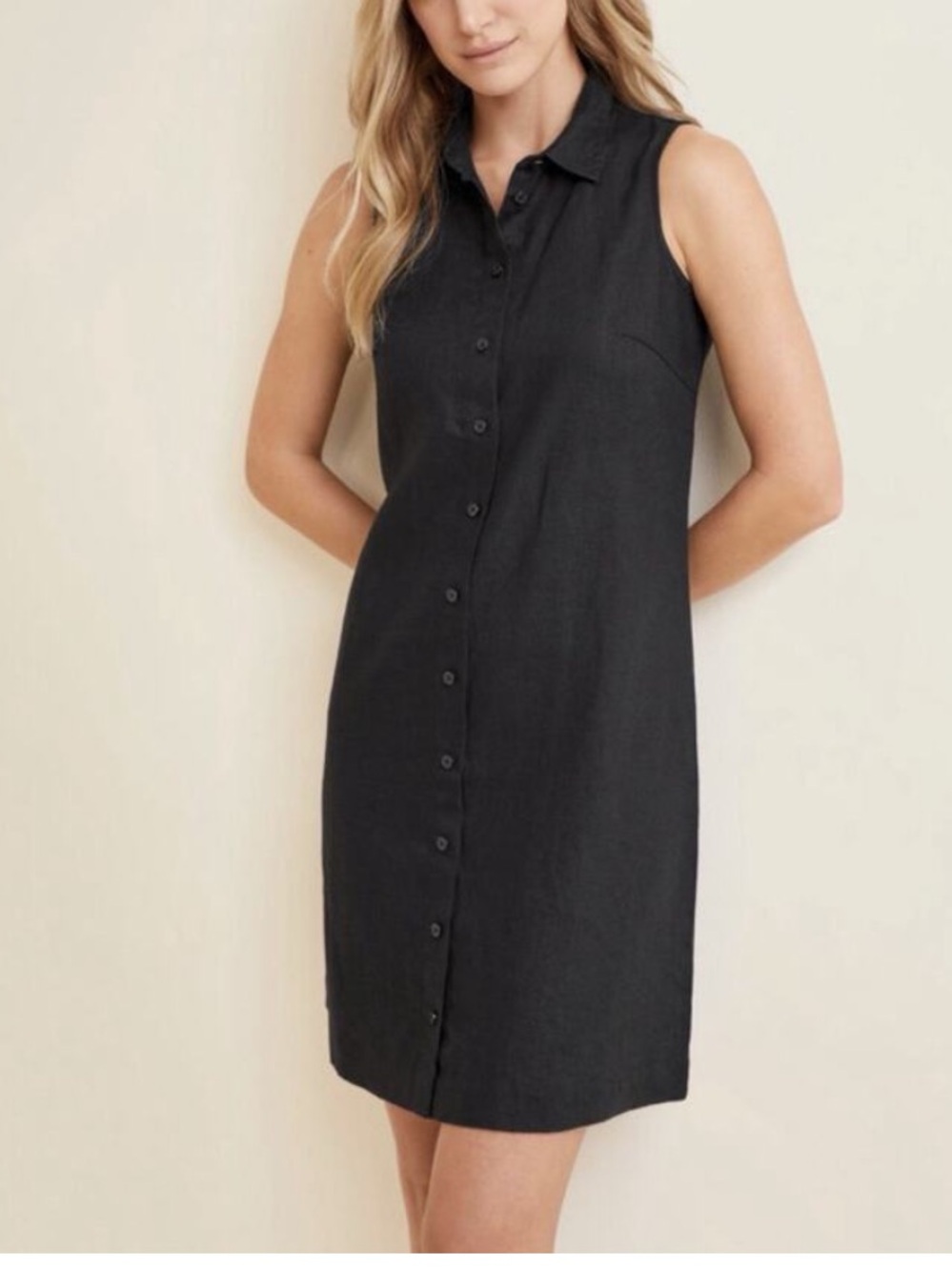 Garnet Hill linen black sleeveless shirt dress 14